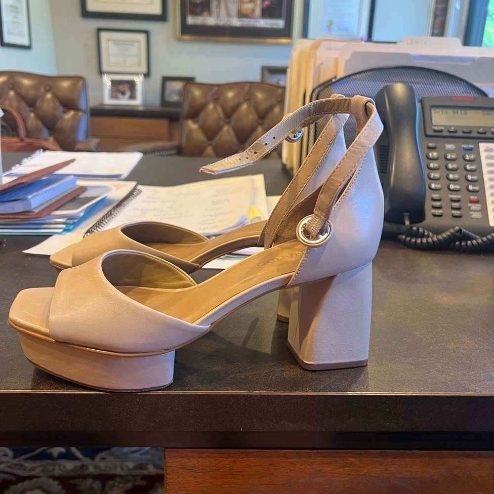 Cream Block Heel Heels with Ankle Strap
